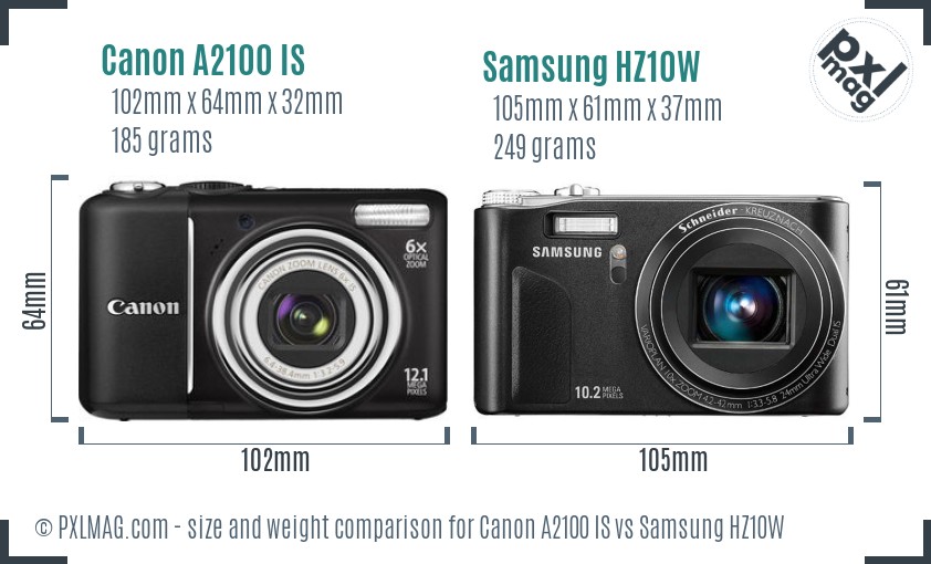 Canon A2100 IS vs Samsung HZ10W size comparison Canon A2100 IS vs Samsung HZ10W size comparison
