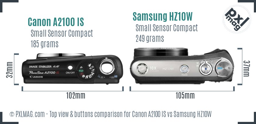 Canon A2100 IS vs Samsung HZ10W top view buttons comparison