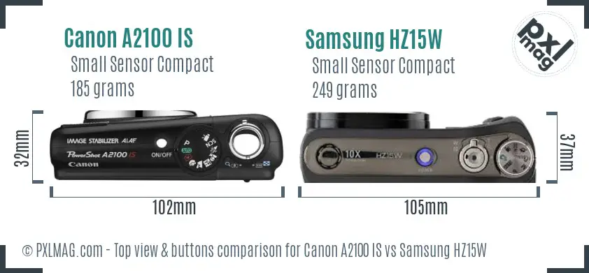 Canon A2100 IS vs Samsung HZ15W top view buttons comparison