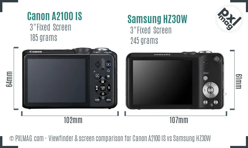 Canon A2100 IS vs Samsung HZ30W Screen and Viewfinder comparison