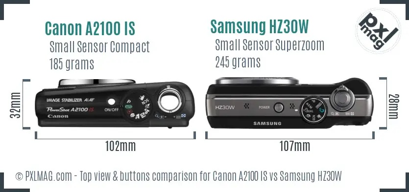 Canon A2100 IS vs Samsung HZ30W top view buttons comparison