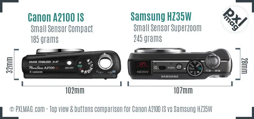 Canon A2100 IS vs Samsung HZ35W top view buttons comparison
