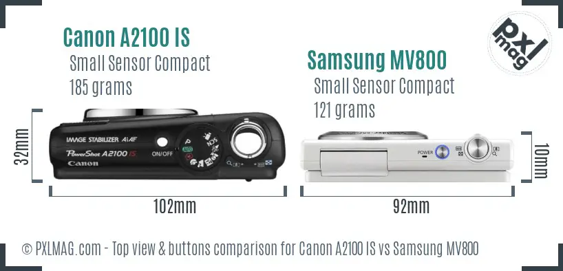 Canon A2100 IS vs Samsung MV800 top view buttons comparison Canon A2100 IS vs Samsung MV800 top view buttons comparison