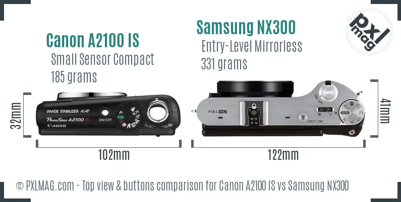 Canon A2100 IS vs Samsung NX300 top view buttons comparison Canon A2100 IS vs Samsung NX300 top view buttons comparison