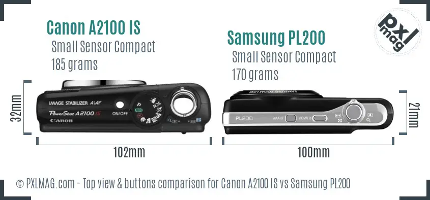 Canon A2100 IS vs Samsung PL200 top view buttons comparison
