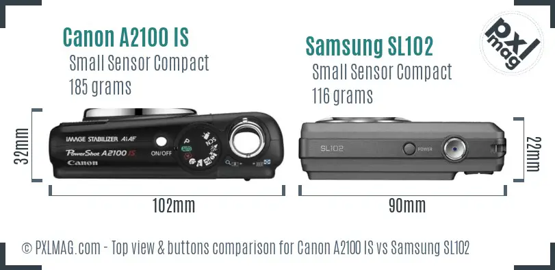 Canon A2100 IS vs Samsung SL102 top view buttons comparison