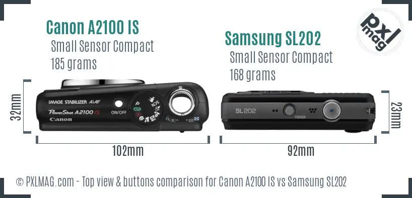 Canon A2100 IS vs Samsung SL202 top view buttons comparison