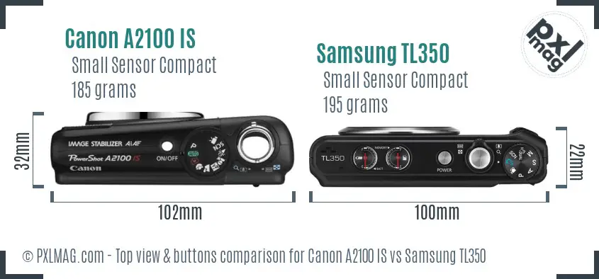 Canon A2100 IS vs Samsung TL350 top view buttons comparison