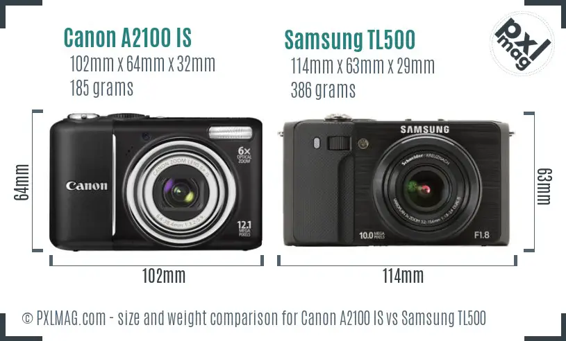 Canon A2100 IS vs Samsung TL500 size comparison