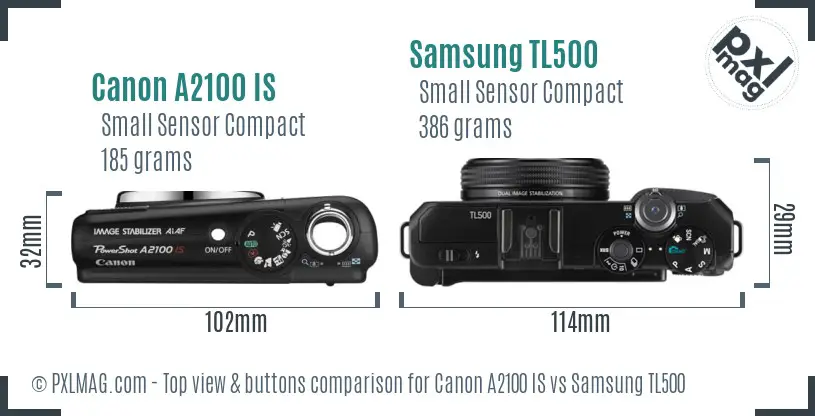 Canon A2100 IS vs Samsung TL500 top view buttons comparison