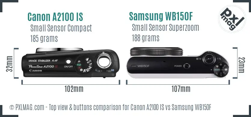 Canon A2100 IS vs Samsung WB150F top view buttons comparison