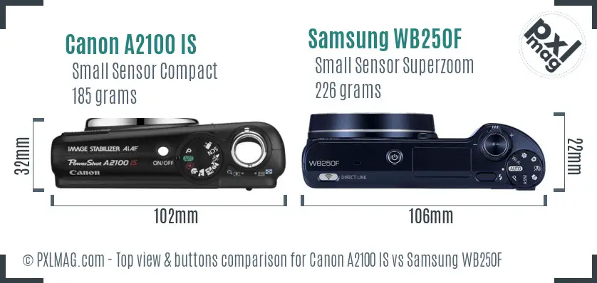 Canon A2100 IS vs Samsung WB250F top view buttons comparison Canon A2100 IS vs Samsung WB250F top view buttons comparison