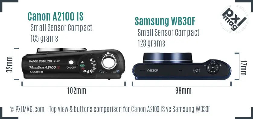 Canon A2100 IS vs Samsung WB30F top view buttons comparison