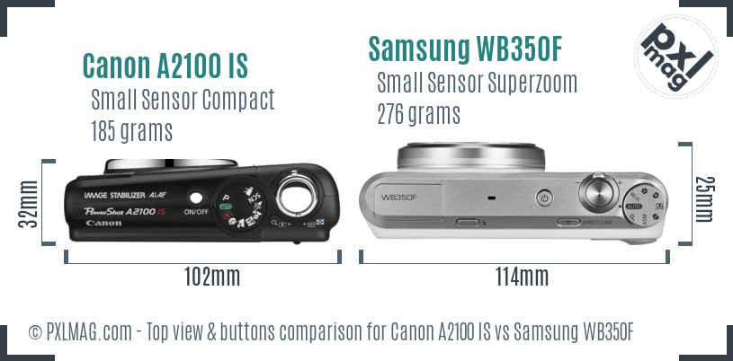 Canon A2100 IS vs Samsung WB350F top view buttons comparison