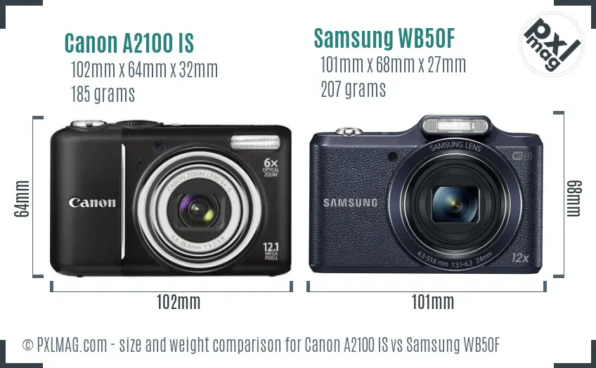 Canon A2100 IS vs Samsung WB50F size comparison