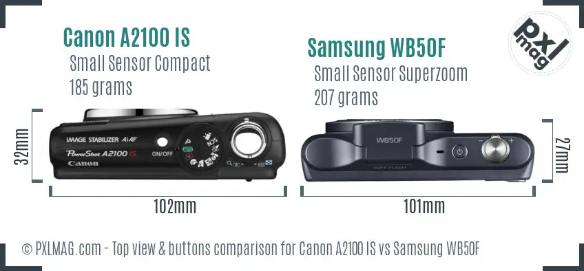 Canon A2100 IS vs Samsung WB50F top view buttons comparison