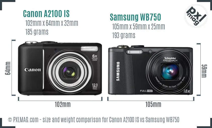 Canon A2100 IS vs Samsung WB750 size comparison