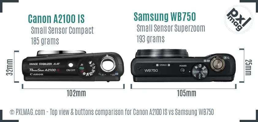 Canon A2100 IS vs Samsung WB750 top view buttons comparison