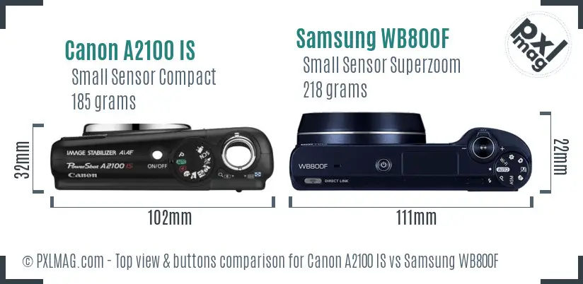 Canon A2100 IS vs Samsung WB800F top view buttons comparison