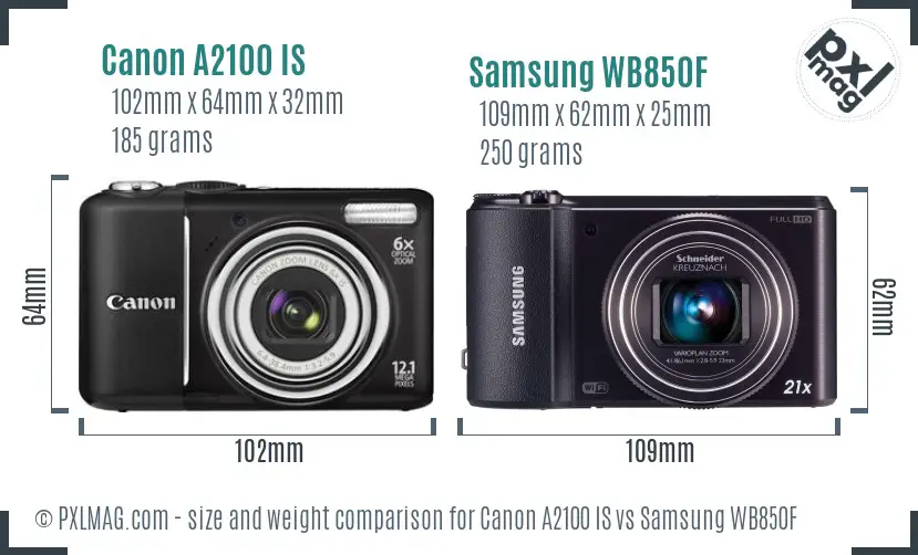Canon A2100 IS vs Samsung WB850F size comparison