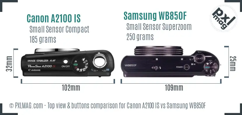 Canon A2100 IS vs Samsung WB850F top view buttons comparison