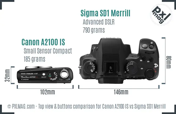 Canon A2100 IS vs Sigma SD1 Merrill top view buttons comparison