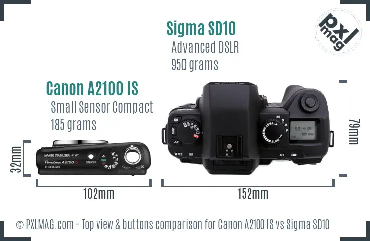 Canon A2100 IS vs Sigma SD10 top view buttons comparison