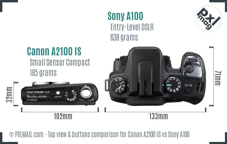 Canon A2100 IS vs Sony A100 top view buttons comparison Canon A2100 IS vs Sony A100 top view buttons comparison