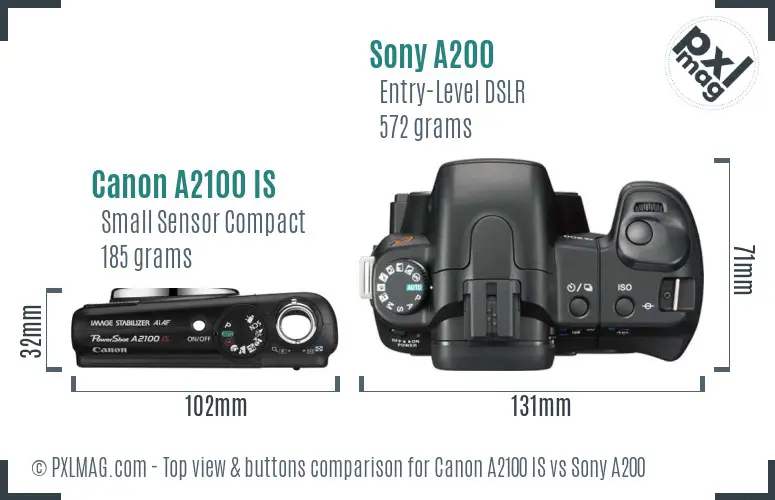Canon A2100 IS vs Sony A200 top view buttons comparison Canon A2100 IS vs Sony A200 top view buttons comparison