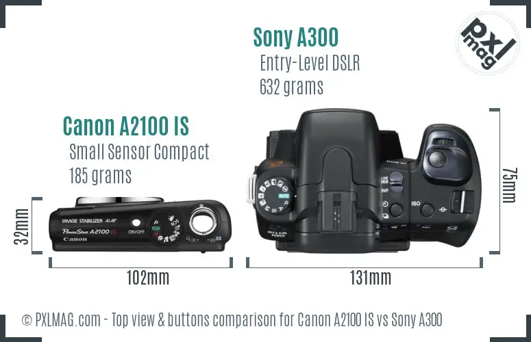 Canon A2100 IS vs Sony A300 top view buttons comparison Canon A2100 IS vs Sony A300 top view buttons comparison