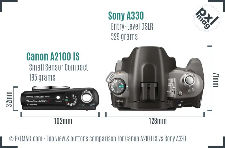 Canon A2100 IS vs Sony A330 top view buttons comparison Canon A2100 IS vs Sony A330 top view buttons comparison