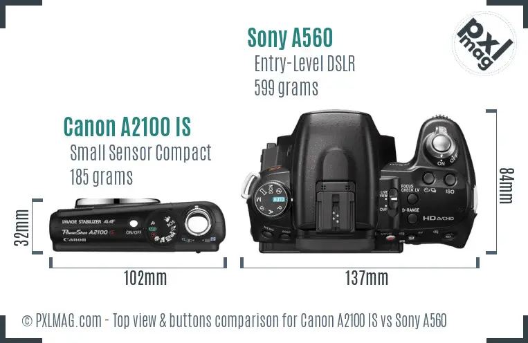 Canon A2100 IS vs Sony A560 top view buttons comparison