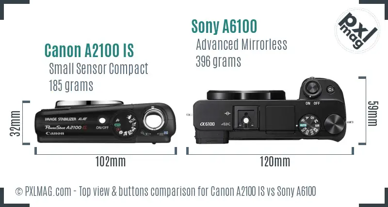 Canon A2100 IS vs Sony A6100 top view buttons comparison Canon A2100 IS vs Sony A6100 top view buttons comparison