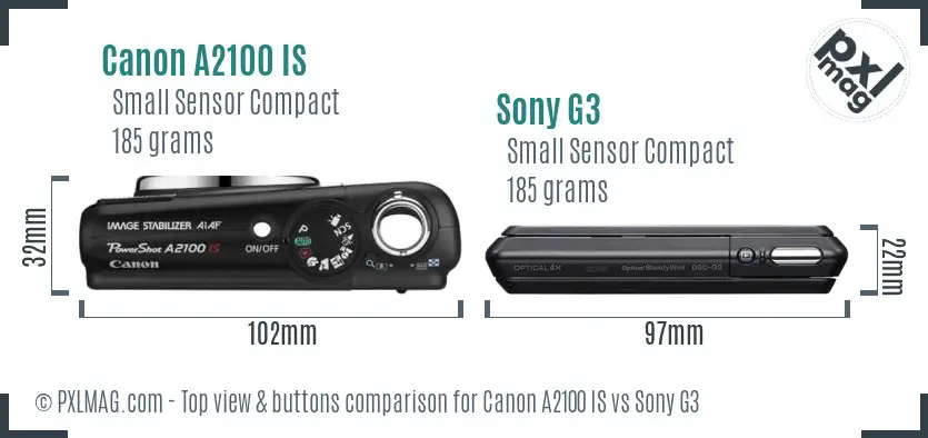 Canon A2100 IS vs Sony G3 top view buttons comparison Canon A2100 IS vs Sony G3 top view buttons comparison