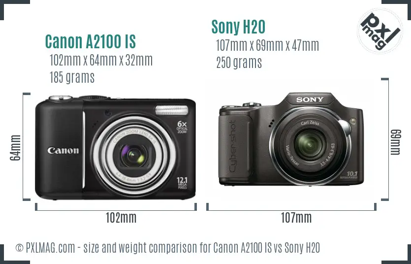 Canon A2100 IS vs Sony H20 size comparison
