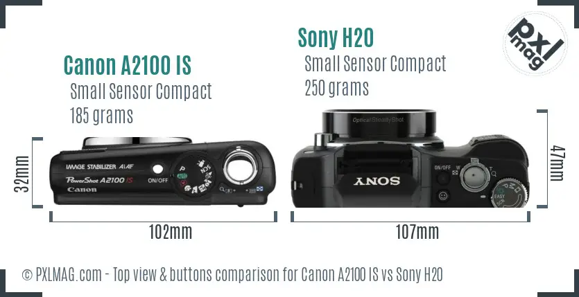 Canon A2100 IS vs Sony H20 top view buttons comparison