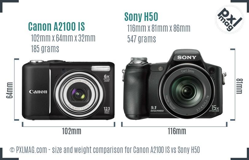 Canon A2100 IS vs Sony H50 size comparison Canon A2100 IS vs Sony H50 size comparison