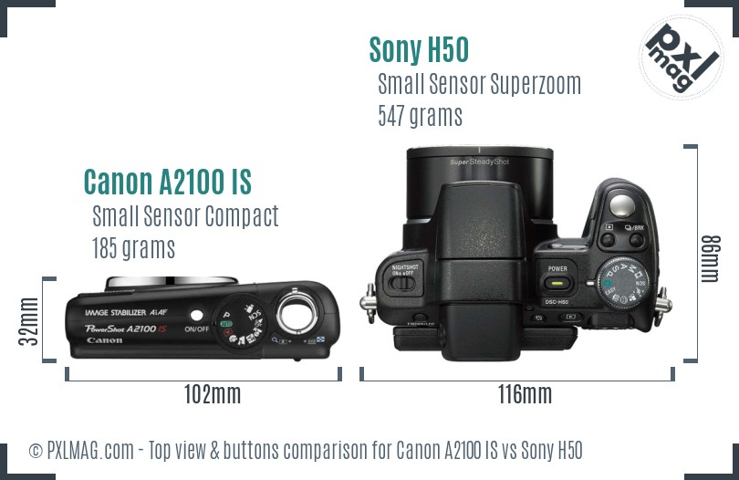 Canon A2100 IS vs Sony H50 top view buttons comparison