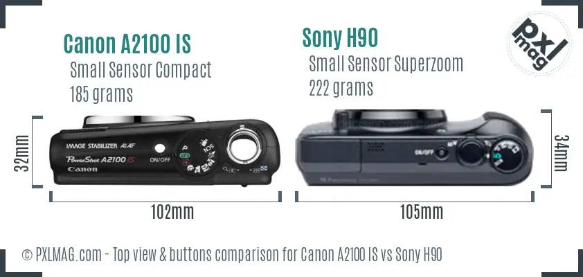 Canon A2100 IS vs Sony H90 top view buttons comparison