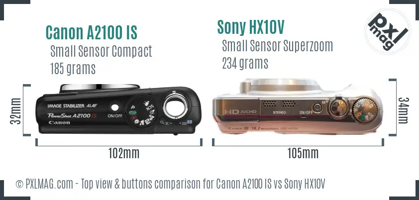 Canon A2100 IS vs Sony HX10V top view buttons comparison