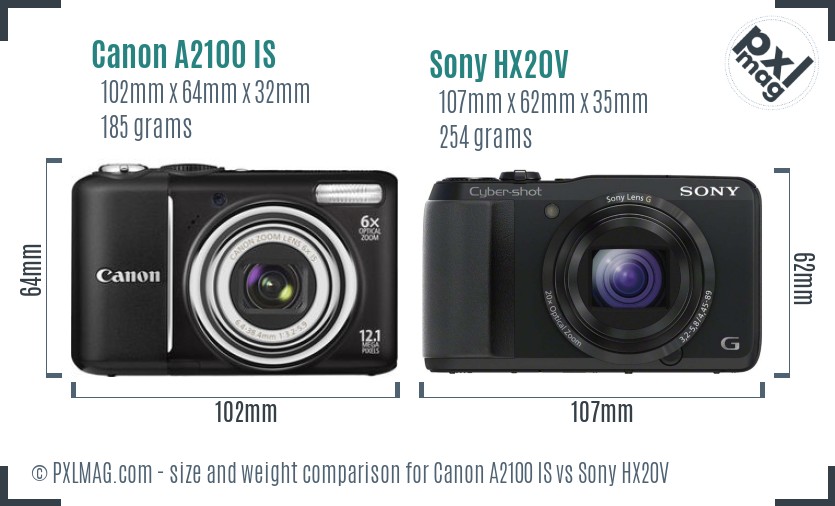 Canon A2100 IS vs Sony HX20V size comparison