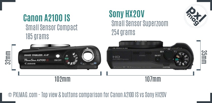 Canon A2100 IS vs Sony HX20V top view buttons comparison