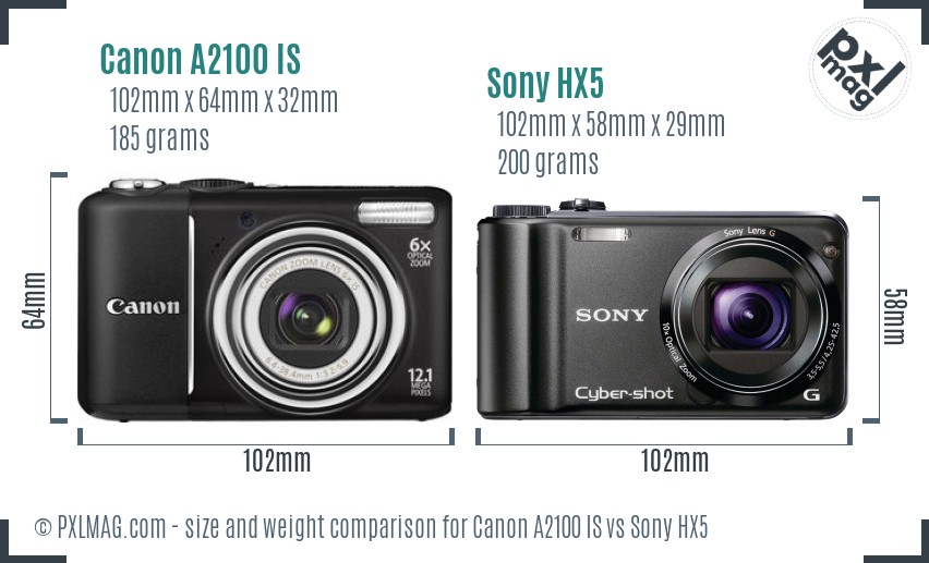 Canon A2100 IS vs Sony HX5 size comparison