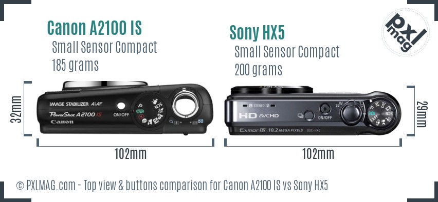 Canon A2100 IS vs Sony HX5 top view buttons comparison