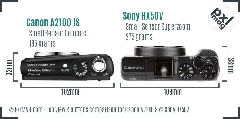 Canon A2100 IS vs Sony HX50V top view buttons comparison