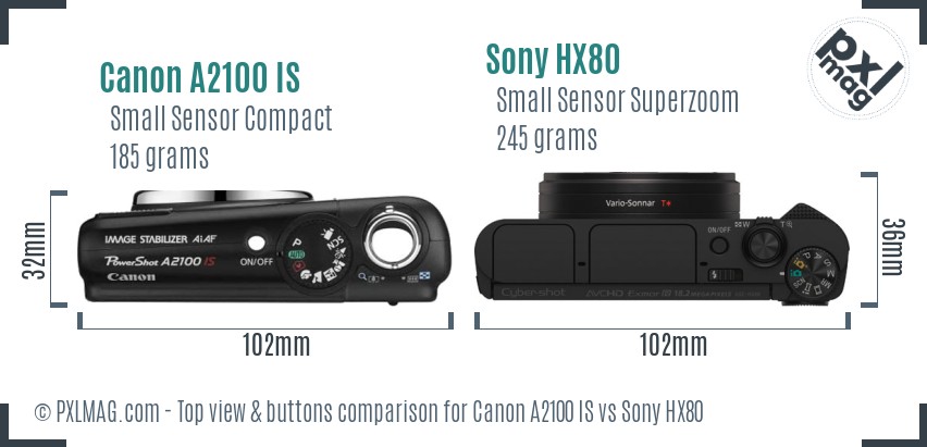Canon A2100 IS vs Sony HX80 top view buttons comparison