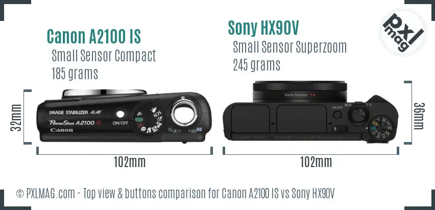 Canon A2100 IS vs Sony HX90V top view buttons comparison Canon A2100 IS vs Sony HX90V top view buttons comparison