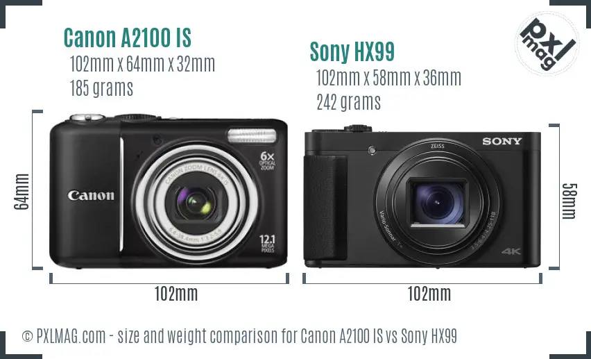 Canon A2100 IS vs Sony HX99 size comparison Canon A2100 IS vs Sony HX99 size comparison