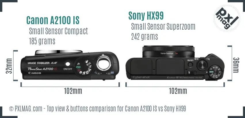 Canon A2100 IS vs Sony HX99 top view buttons comparison Canon A2100 IS vs Sony HX99 top view buttons comparison