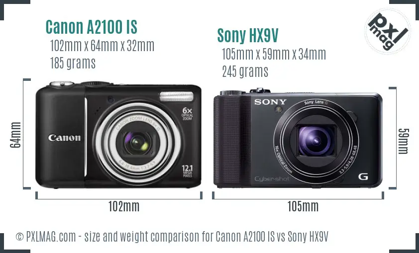 Canon A2100 IS vs Sony HX9V size comparison